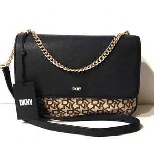 NWT! DKNY Sina Mid Flap Signature Shoulder Bag Black & Brown